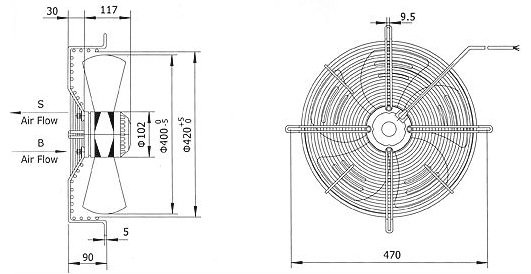 Габаритные размеры осевого вентилятора Weiguang YWF 4E-400-S-102/47-G