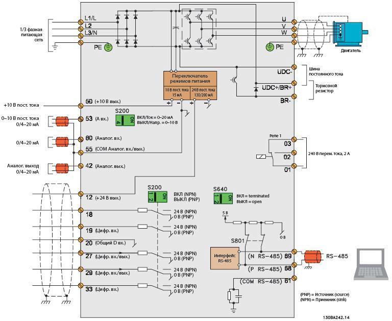Схема электрических соединений преобразователя частоты Danfoss VLT Micro Drive FC-51