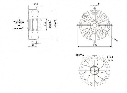 Габаритные размеры осевого вентилятора Weiguang YWF 2E-200-B-92/15-G