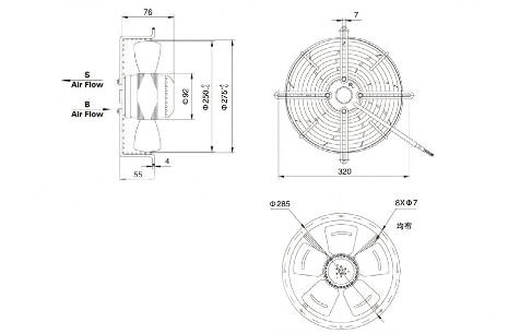 Габаритные размеры осевого вентилятора Weiguang YWF 2E-250-S-92/15-G