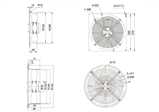 Габаритные размеры осевого вентилятора Weiguang YWF 2E-250-B/B-92/15-B