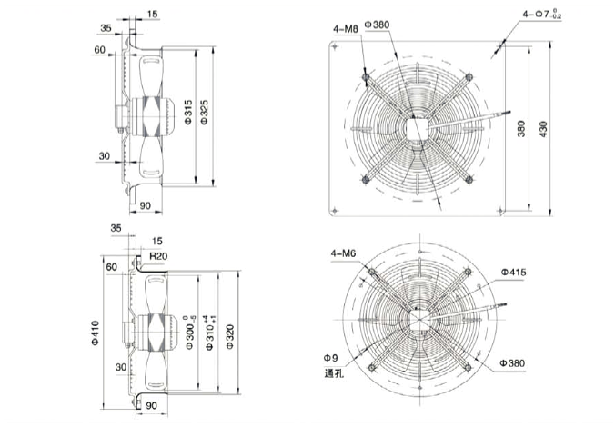Габаритные размеры осевого вентилятора Weiguang YWF 4E-350-B-102/34-B