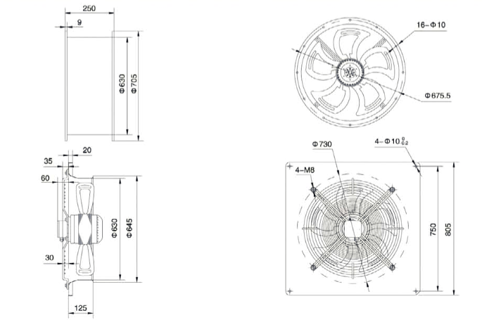 Габаритные размеры осевого вентилятора Weiguang YWF 4D-630-B-137/70-B