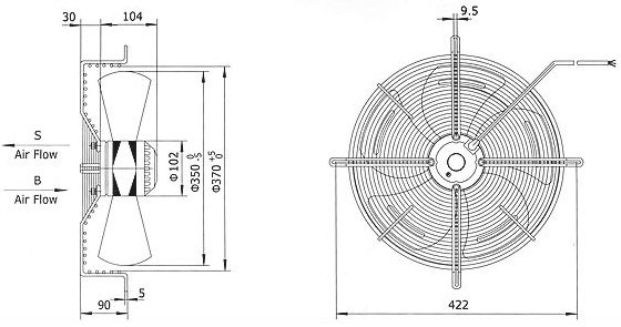 Габаритные размеры осевого вентилятора Weiguang YWF 4D-350-S-102/34-G