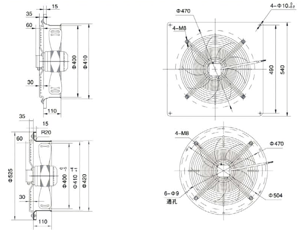 Габаритные размеры осевого вентилятора Weiguang YWF 4E-400-B-102/47-B