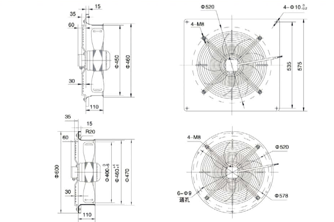 Габаритные размеры осевого вентилятора Weiguang YWF 4E-450-B-102/47-B