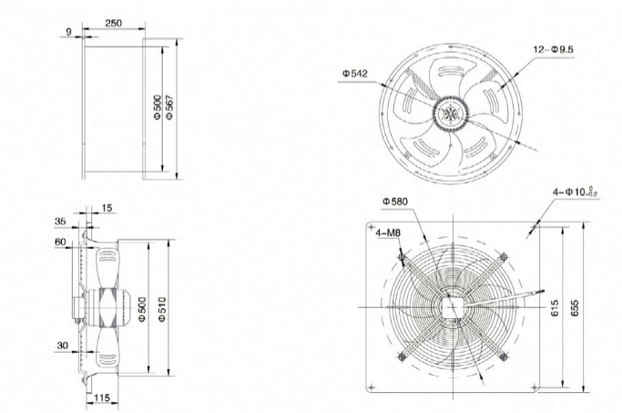 Габаритные размеры осевого вентилятора Weiguang YWF 4D-500-B-137/35-B
