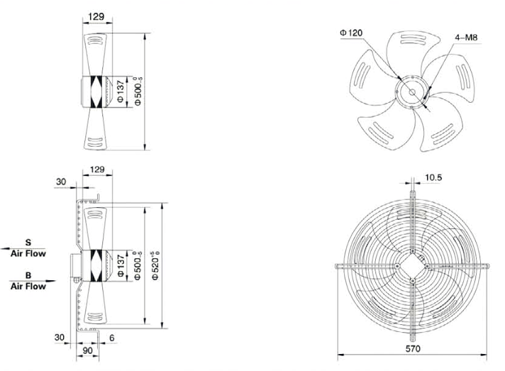 Габаритные размеры осевого вентилятора Weiguang YWF 4D-500-S-137/35-G