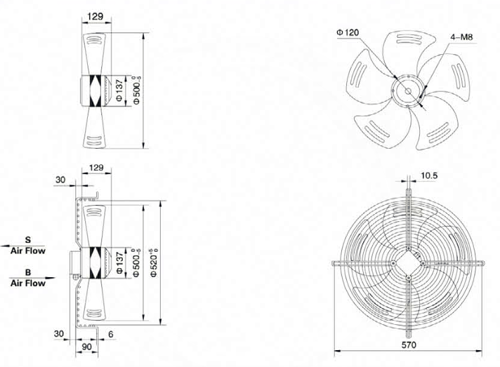 Габаритные размеры осевого вентилятора Weiguang YWF 4E-550-S-145/65-G