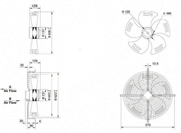 Габаритные размеры осевого вентилятора Weiguang YWF 4E-500-S-137/35-G