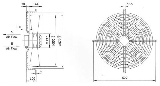 Габаритные размеры осевого вентилятора Weiguang YWF 4D-550-S-137/35-G
