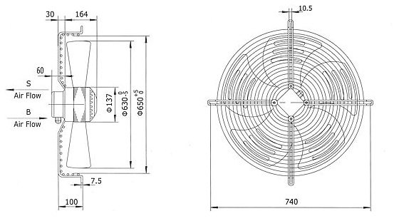 Габаритные размеры осевого вентилятора Weiguang YWF 4E-630-S-137/35-G