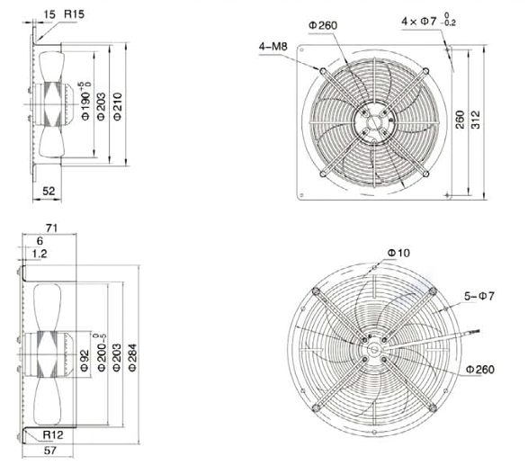 Габаритные размеры осевого вентилятора Weiguang YWF 2E-200-B/B-92/15-B
